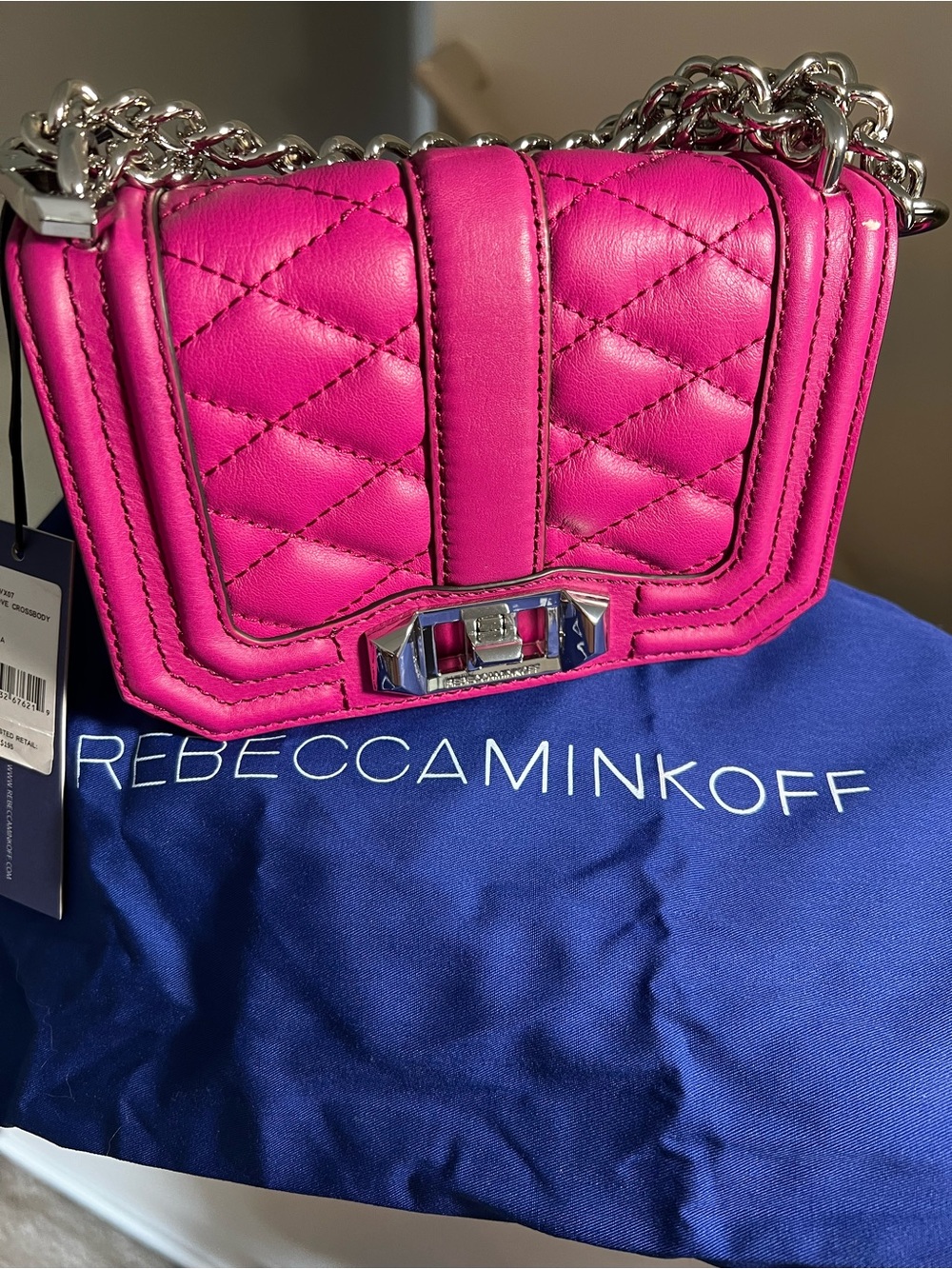 Rebecca Minkoff Quilted Mini Crossbody in Bright Pink with Silver Chain
